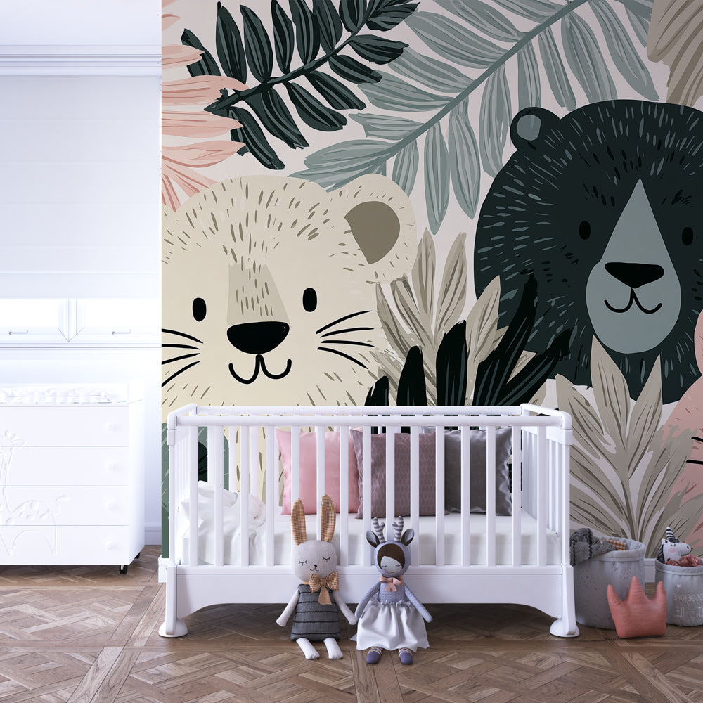 Cute animal wallpaper in modern toddler bedroom with soft pastel jungle theme by Kids-Mundo