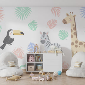 Safari animals wallpaper creating playful kids bedroom decor with soft pastel colors
