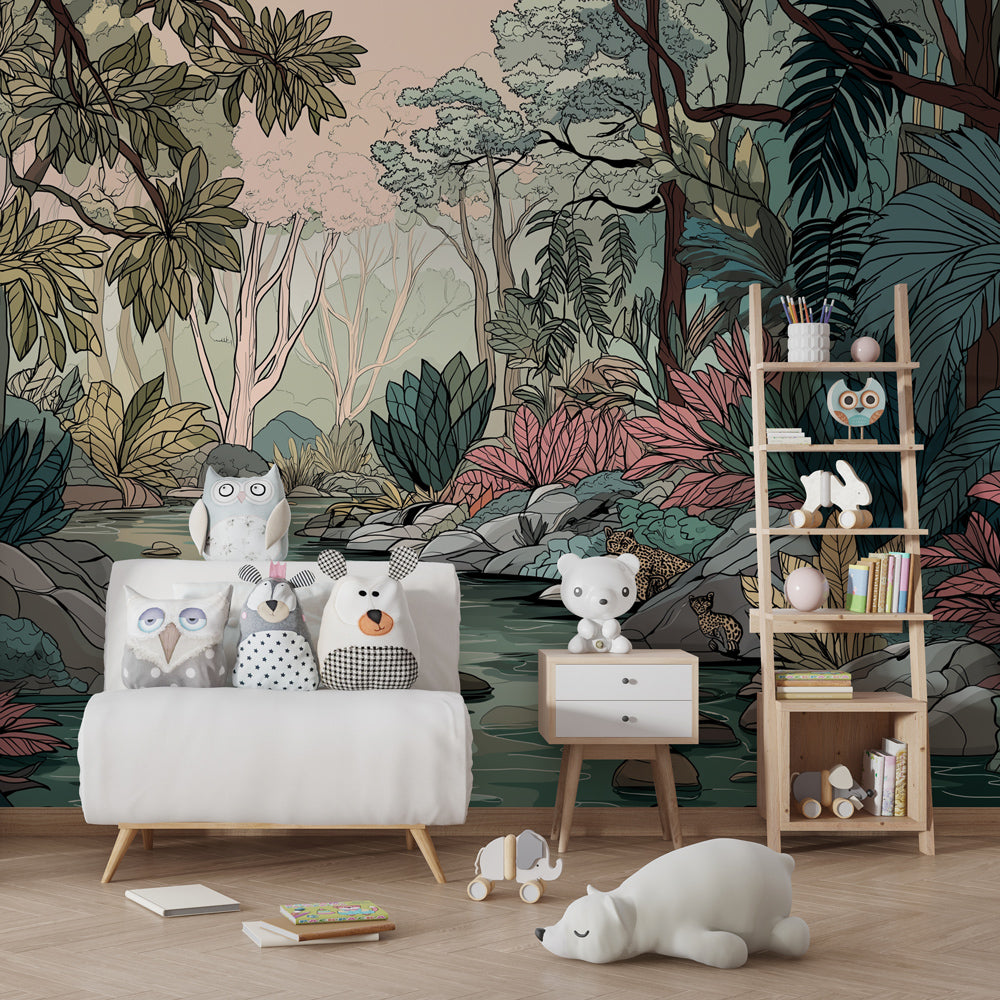 Tropical jungle mural wallpaper transforming toddler room into wildlife sanctuary with leopard motifs