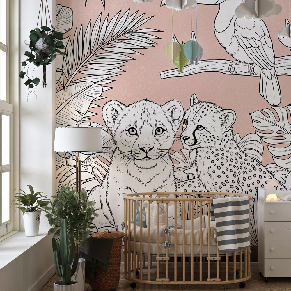Lion cub and cheetah mural wallpaper creating adventurous toddler room decor by Kids-Mundo