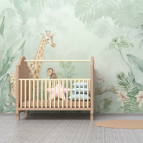 Tropical jungle wallpaper with playful monkeys transforming toddler room into safari adventure