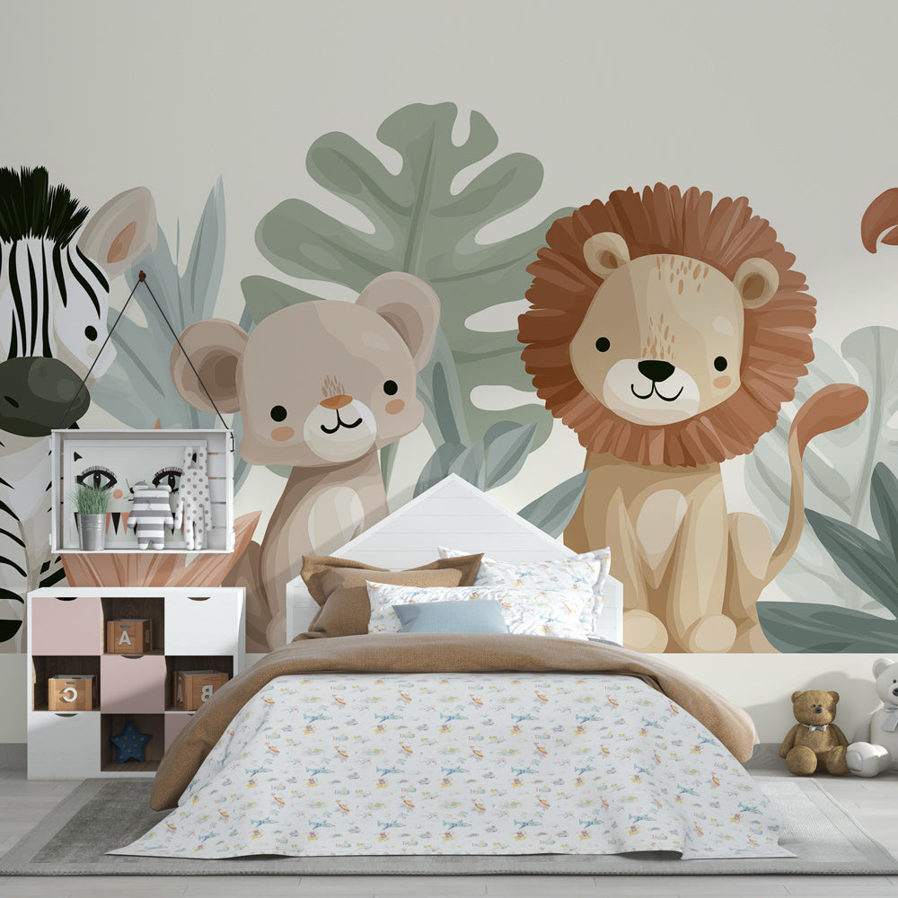 Soft colored jungle wallpaper transforming toddler room into wildlife adventure space by Kids-Mundo