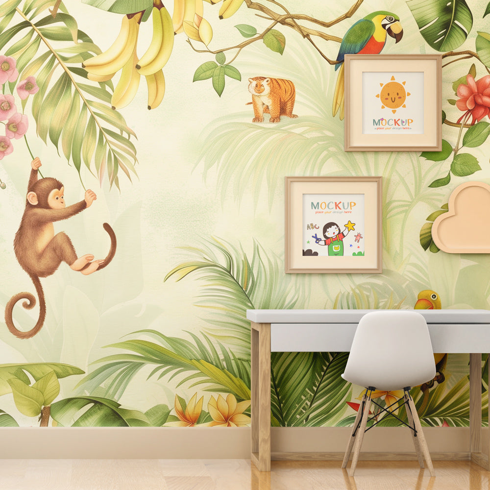 Tropical jungle wallpaper with monkeys and tigers in modern kids bedroom setting