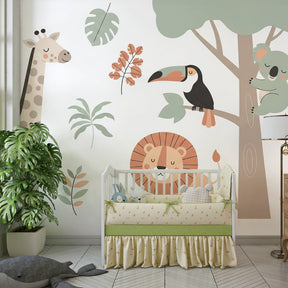 Tropical jungle animals wallpaper creating peaceful atmosphere in kids room interior