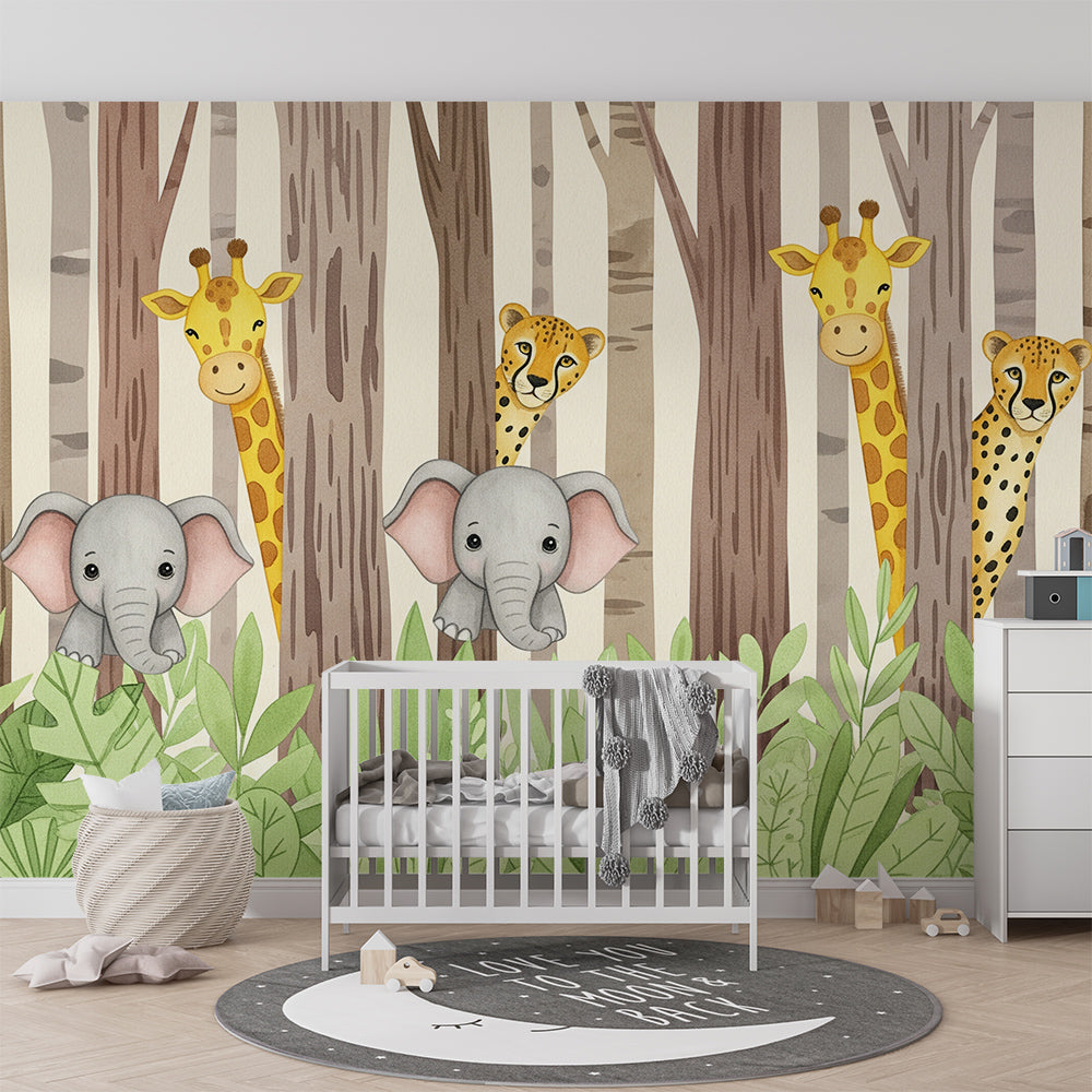 Kids-Mundo watercolour jungle mural featuring cheetahs and giraffes in a child's bedroom space