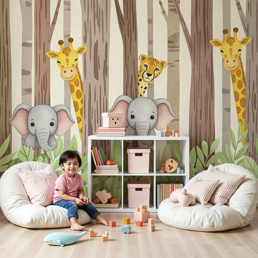 Kids-Mundo jungle animal wall mural with giraffes and elephants in a soft green nursery room