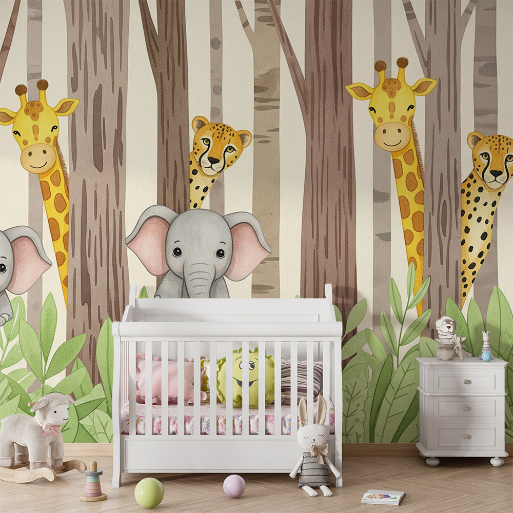 Kids-Mundo jungle animal design bringing giraffes and elephants to a lively children's playroom