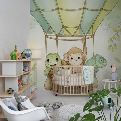 Kids-Mundo jungle balloon wall mural with a monkey and turtle in a children's bedroom