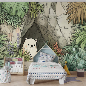 Colorful jungle bear wallpaper transforming baby bedroom into tropical adventure space