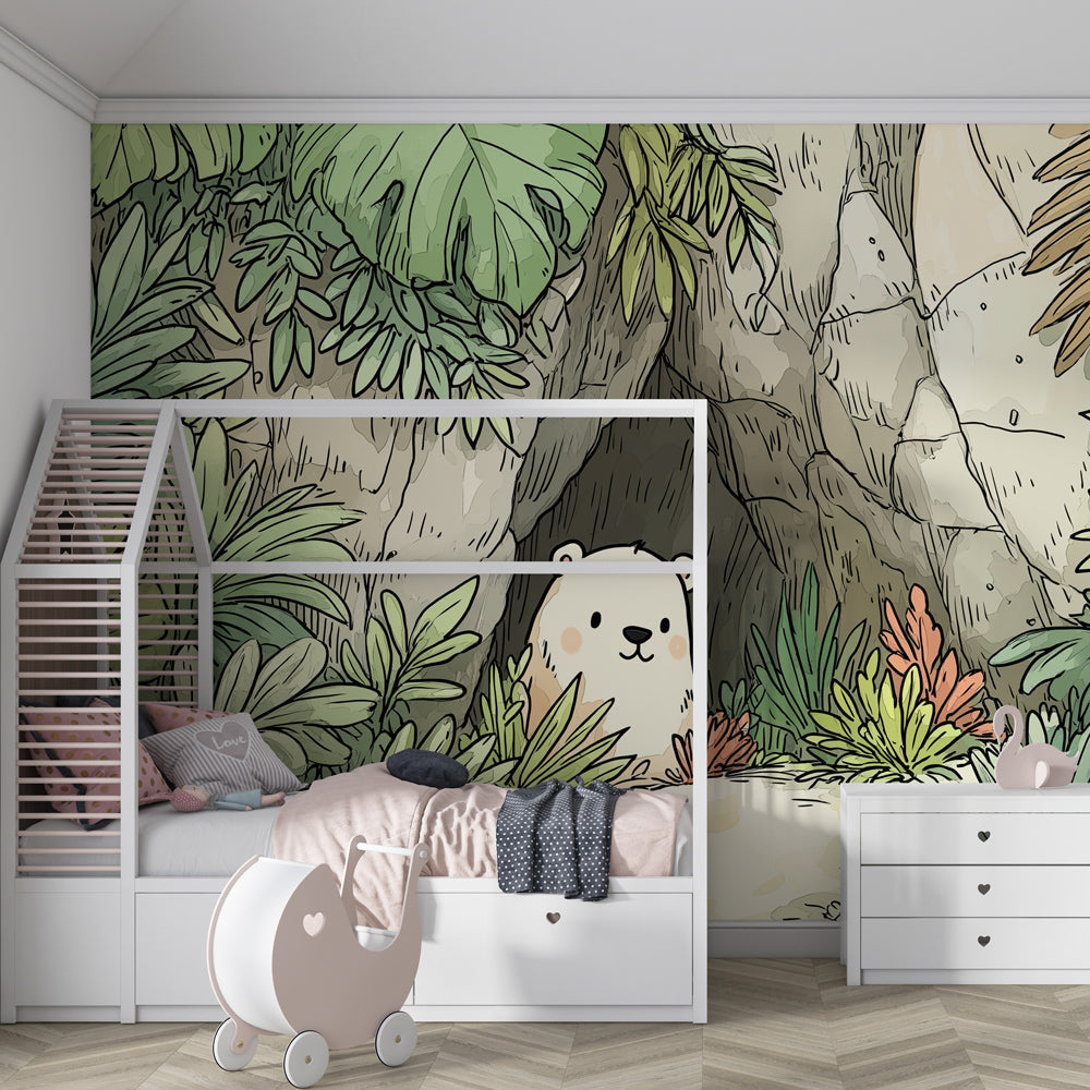 Close-up view of jungle bear mural wallpaper showing vibrant tropical plants and teddy bear