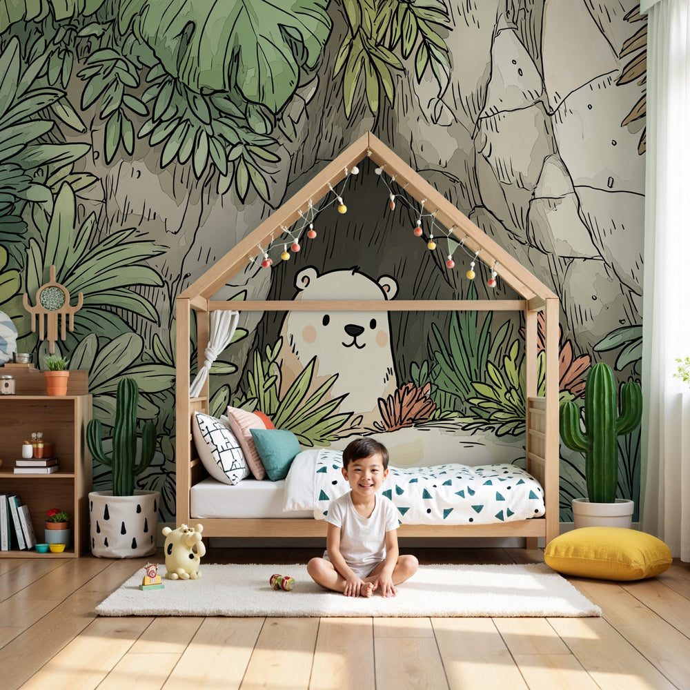Jungle bear mural wallpaper creating magical nursery decor with tropical theme by Kids-Mundo