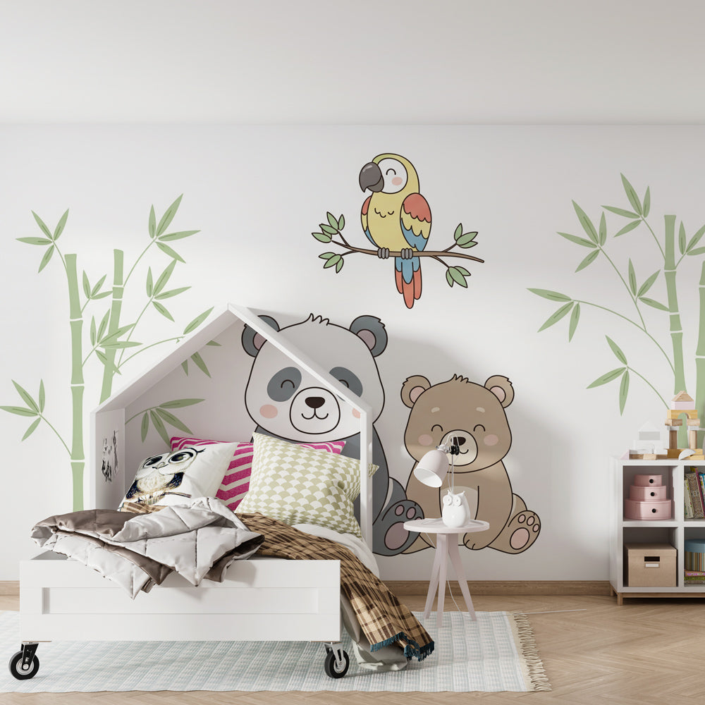 Bamboo forest bears wallpaper creating peaceful atmosphere in children's bedroom