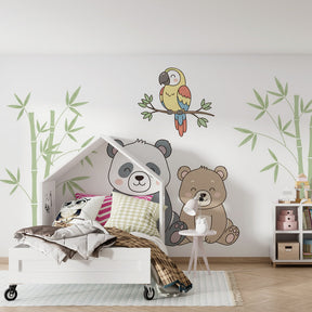 Bamboo forest bears wallpaper creating peaceful atmosphere in children's bedroom