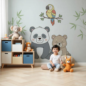 Jungle bears mural wallpaper with panda and parrot in modern nursery room by Kids-Mundo