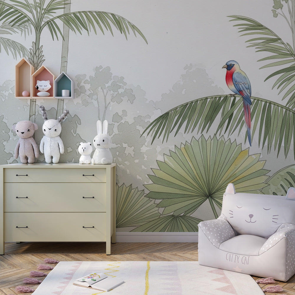 Kids bedroom featuring tropical bird wallpaper with lush palm leaves and exotic foliage decor