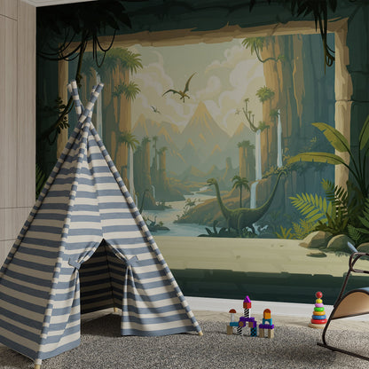 Kids-Mundo misty mountain dinosaur wall mural on a feature wall in a kids bedroom