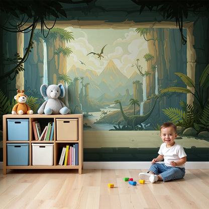 Kids-Mundo jungle canopy tunnel dinosaur mural in a calm green nursery room