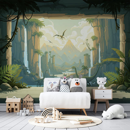 Kids-Mundo jungle tunnel dinosaur mural decorating a bright children's playroom