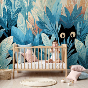Blue jungle cat mural wallpaper creating adventurous nursery decor with hidden black cat by Kids-Mundo