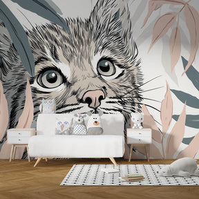 Safari animal mural wallpaper featuring curious cat in jungle foliage for kids playroom by Kids-Mundo