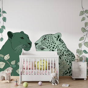 Tropical cats wallpaper with lush green foliage for kids playroom by Kids-Mundo