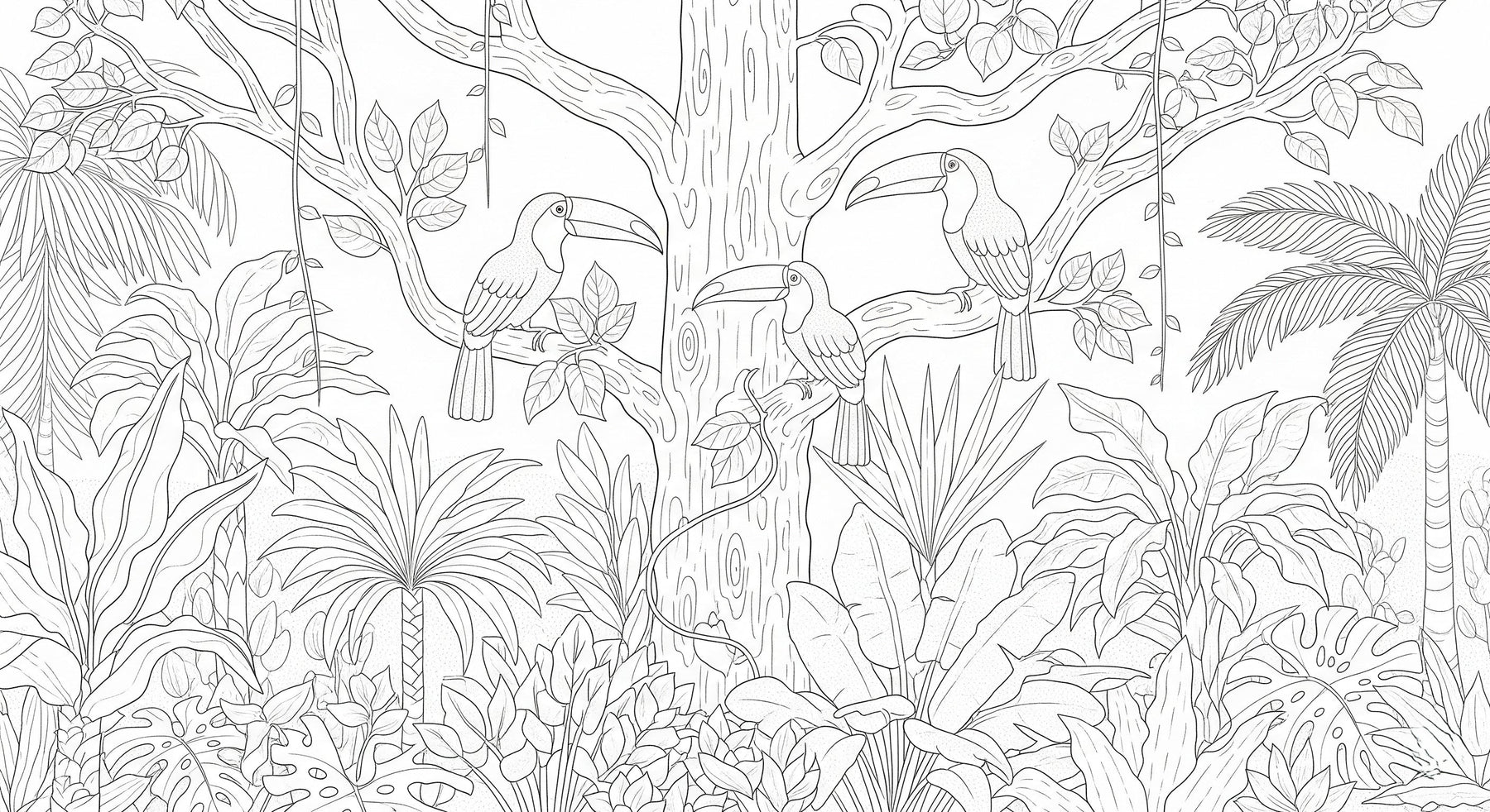 Detailed jungle coloring mural wallpaper design pattern with toucans by Kids-Mundo