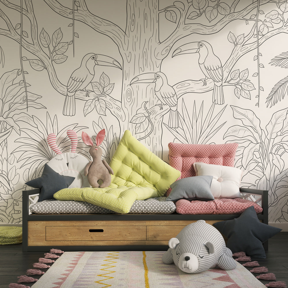 Black and white jungle mural wallpaper in children's playroom ready for coloring