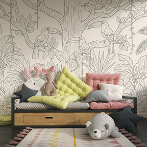 Black and white jungle mural wallpaper in children's playroom ready for coloring