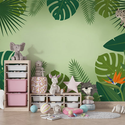 Jungle cubs and leaves wall mural by Kids-Mundo covering a feature wall in a kids bedroom.