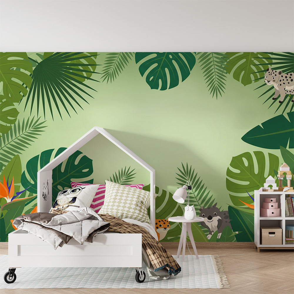 Kids-Mundo tropical jungle wall mural bringing colour to a lively children's playroom wall.
