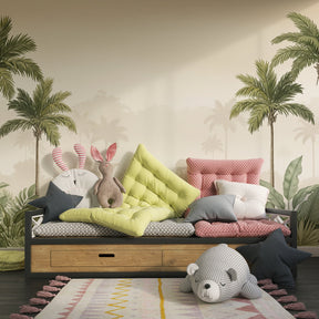 Tropical safari wallpaper creating peaceful atmosphere in modern children's bedroom decor