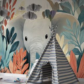 Tropical elephant wallpaper creating adventurous kids bedroom decor with vibrant jungle plants