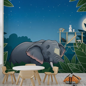 Safari elephant wallpaper creating peaceful children's bedroom atmosphere with moonlight theme