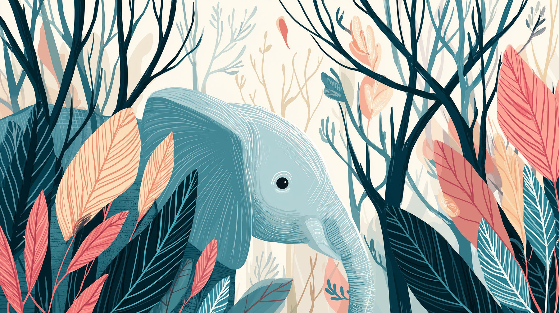 Detailed jungle elephant mural wallpaper design pattern with botanical foliage by Kids-Mundo