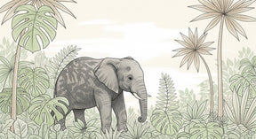 Detailed jungle elephant mural wallpaper design pattern with tropical foliage by Kids-Mundo