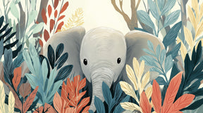 Detailed jungle elephant mural wallpaper design pattern with tropical foliage by Kids-Mundo