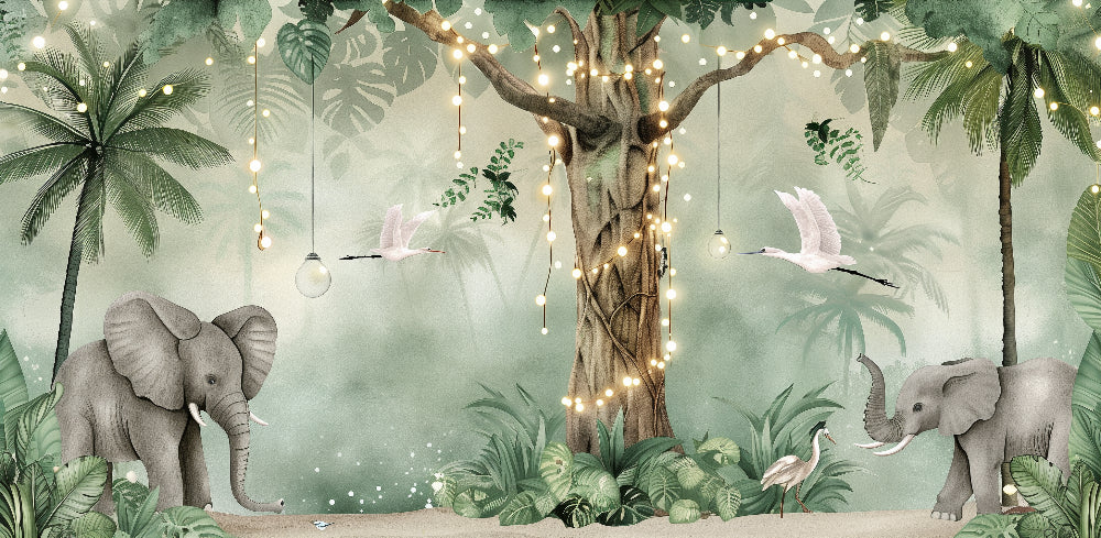 Detailed jungle elephant mural wallpaper design pattern with tropical foliage by Kids-Mundo