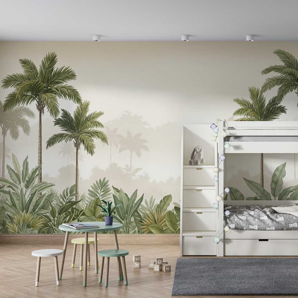 Elephant themed wallpaper transforming kids room into tranquil tropical sanctuary by Kids-Mundo