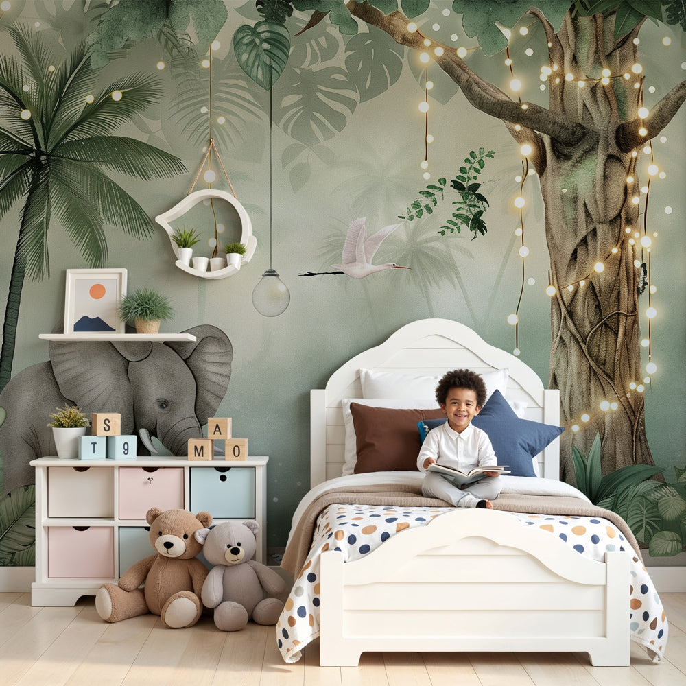 Jungle elephant mural wallpaper in serene baby nursery with natural wood crib by Kids-Mundo
