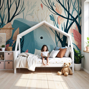 Jungle elephant mural wallpaper creating serene safari atmosphere in modern baby nursery by Kids-Mundo