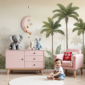 Jungle elephant mural wallpaper in serene nursery with natural wood furniture by Kids-Mundo