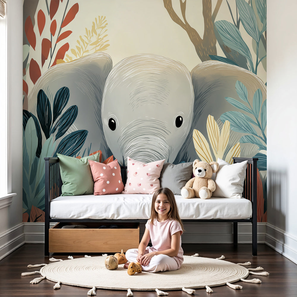 Jungle elephant mural wallpaper in modern nursery with tropical foliage design by Kids-Mundo
