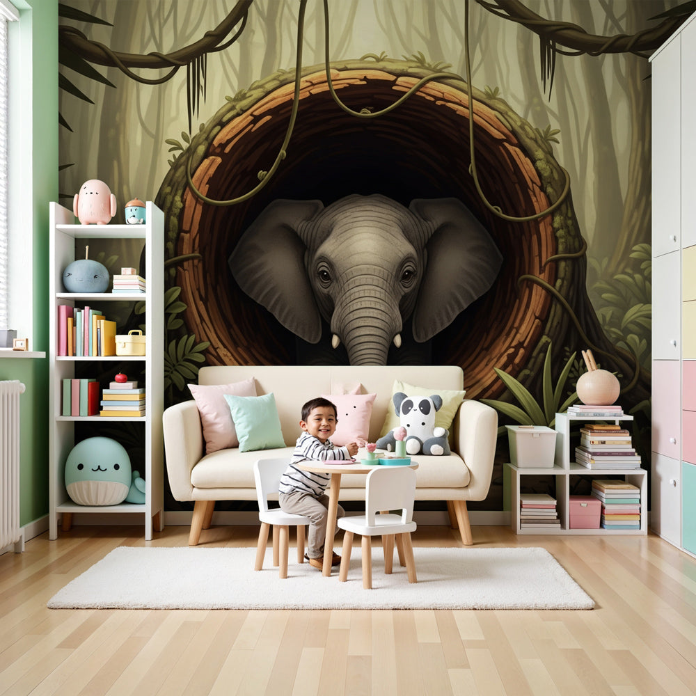 Jungle elephant mural wallpaper creating safari adventure nursery decor by Kids-Mundo