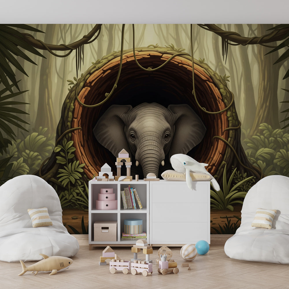 Safari themed elephant mural wallpaper for kids playroom by Kids-Mundo