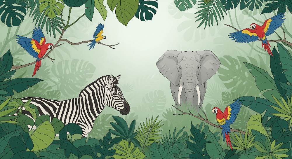 Jungle Elephant and Zebra Wall Mural