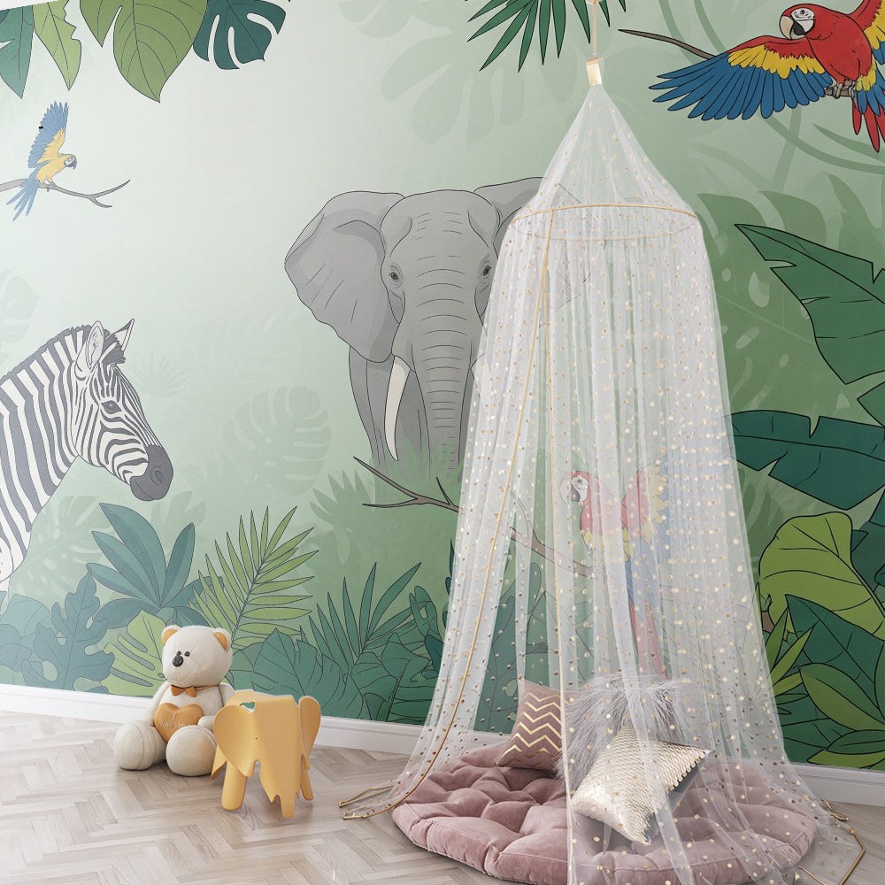 Kids-Mundo elephant zebra macaws jungle mural fitted in an active playroom