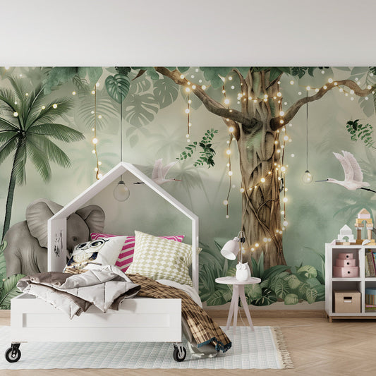 Kids-Mundo enchanted jungle elephants and fairy lights wall mural styled in a kids bedroom