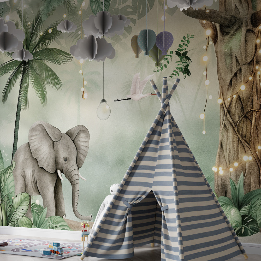 Kids-Mundo enchanted jungle elephants and fairy lights wall mural featured in a colourful playroom