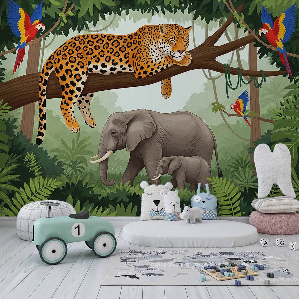 Kids-Mundo elephant and leopard jungle mural styled in a lively children's bedroom