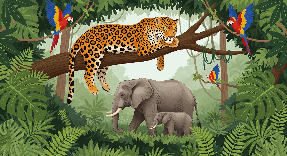 Jungle Elephants and Leopard Wall Mural